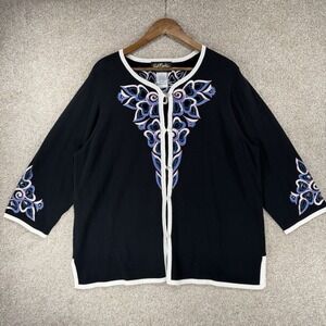 Bob Mackie Wearable Art Cardigan Sweater Black Embroidered Western Cut Out 2X